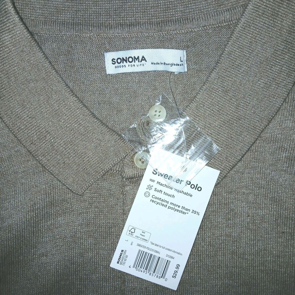 NWT SONOMA Mens L Polo Preppy Golf Short Sleeve Pullover Lightweight Sweater Tan - Picture 4 of 6